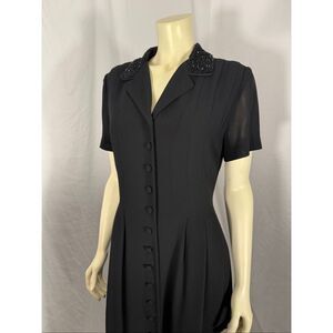 Vintage 90’s Jessica Howard Black Maxi Dress Beaded Collar Button Front Short Sl